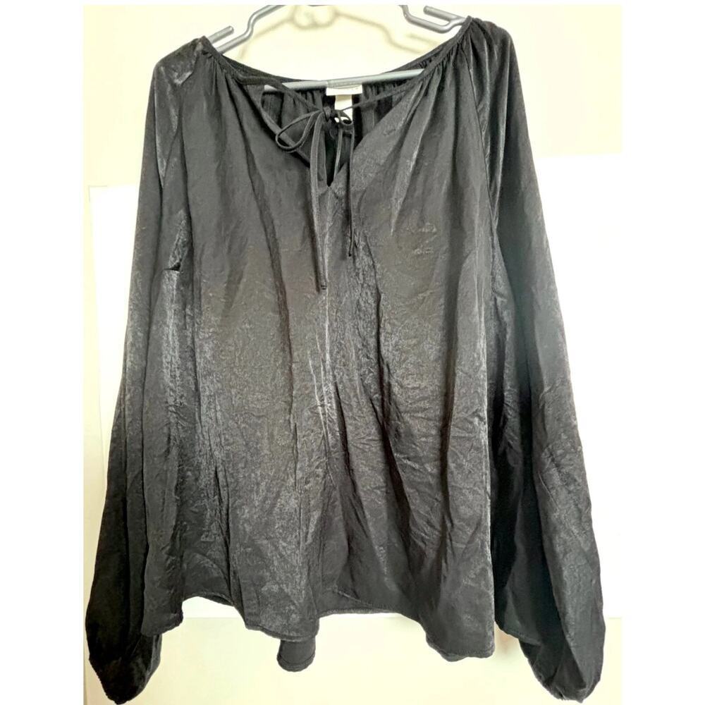 Ava & Viv Shirt Womens Sz 1X Black Balloon Sleeve Tie V-Neck Flow - Picture 4 of 6